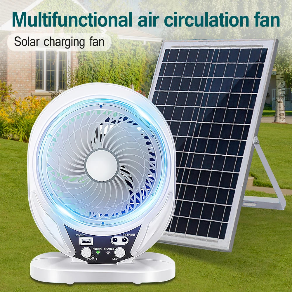 Solar Fan light Solar Powered AC DC Rechargeable Solar Fan with Solar Panel and LED Bulb light for Outdoor LED Camping Lights