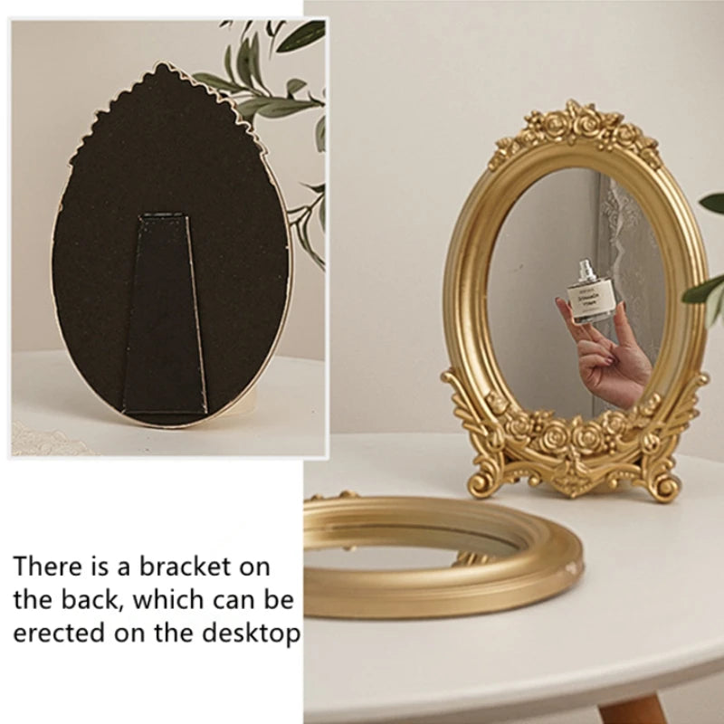 Rustic French Palace Style Carving Frame Table Mirror Gold Mirror Tray Home Decorative Mirror Bedroom Table Makeup Mirror