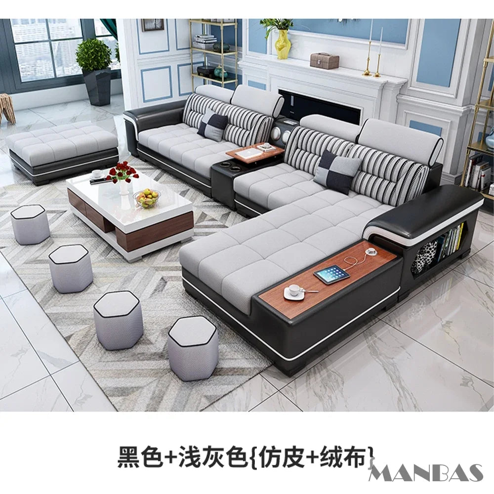 Big U-Shape Coth Living Room Sofa Sets with USB, Speaker, Stools,Bluetooth - Linlamlim Fabric Sectional Sofas for Home Furniture