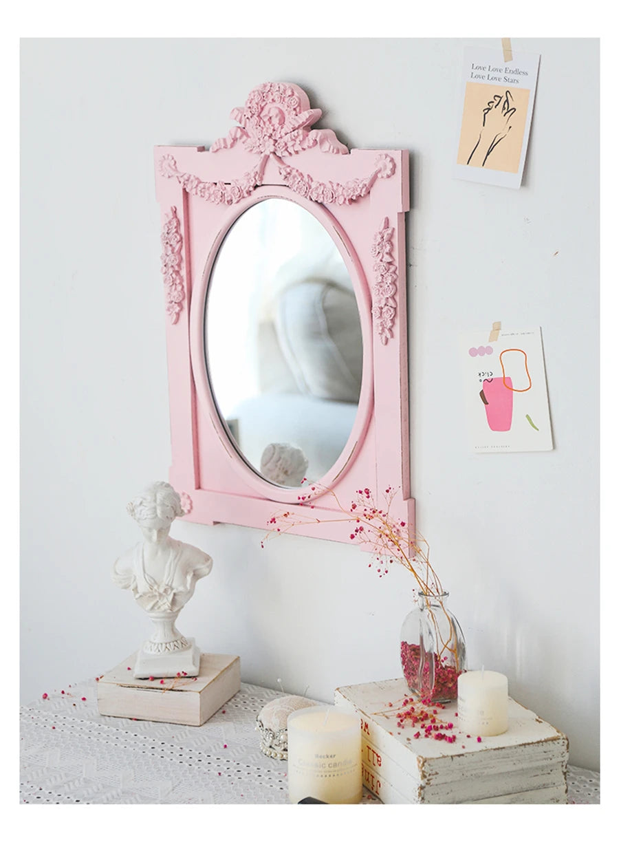 French Retro Makeup Mirror Dressing Table Pink Princess Decorative Mirror Wooden Resin Hand-carved Wall Mirror Wall Home Decor