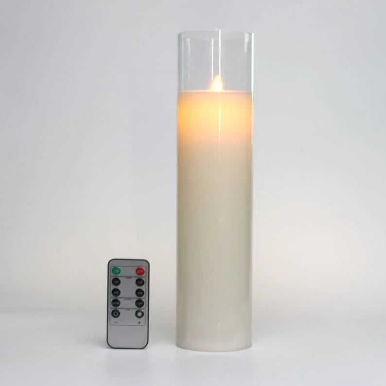 LED Candles with Remote Control Cycling Timer 8" 10" 12" Glass Flameless Candles Battery Operated Real Wax Pillars Glass