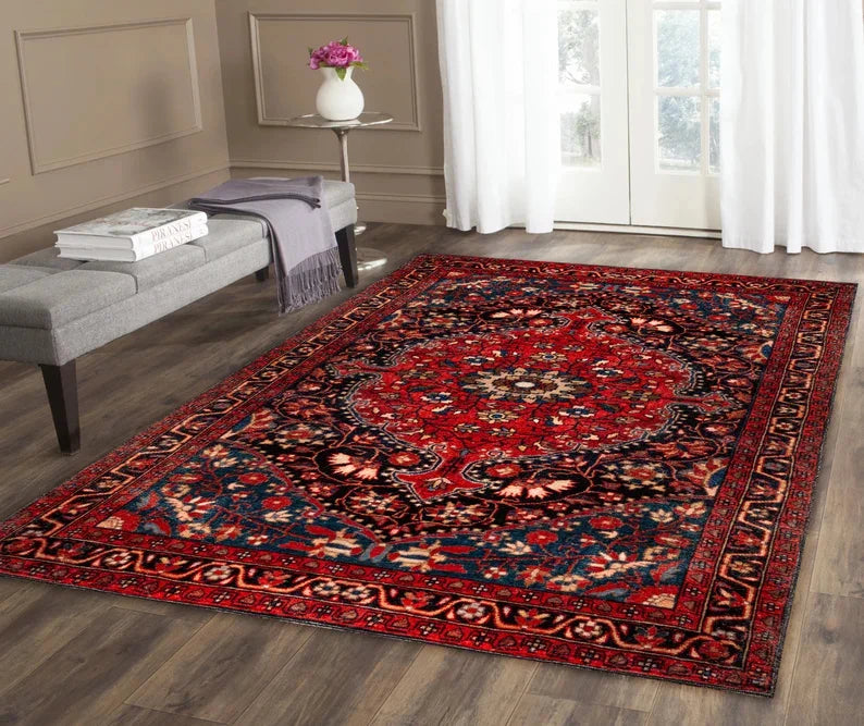 Oriental Medallion Red Area Rug Rustic Mid Century Modern Small Red Dark Blue Carpet Rugs for Living Room Bedroom Dining Room