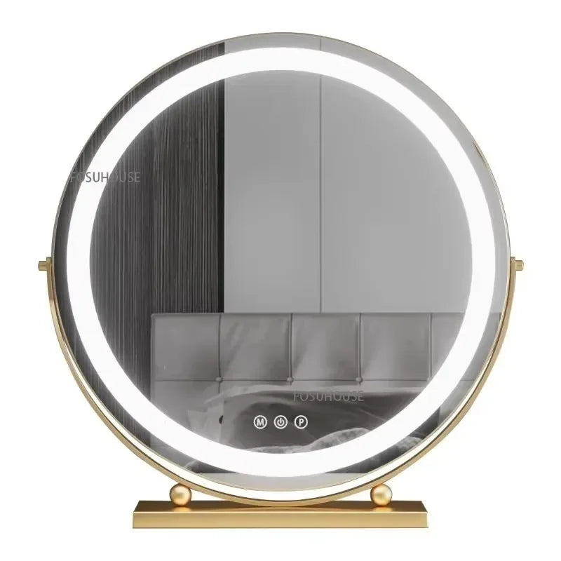 Modern Bedroom Dressing Table Round Mirrors Light Luxury Makeup Mirror with LED Light Desktop Fill Light Charging Smart Mirror