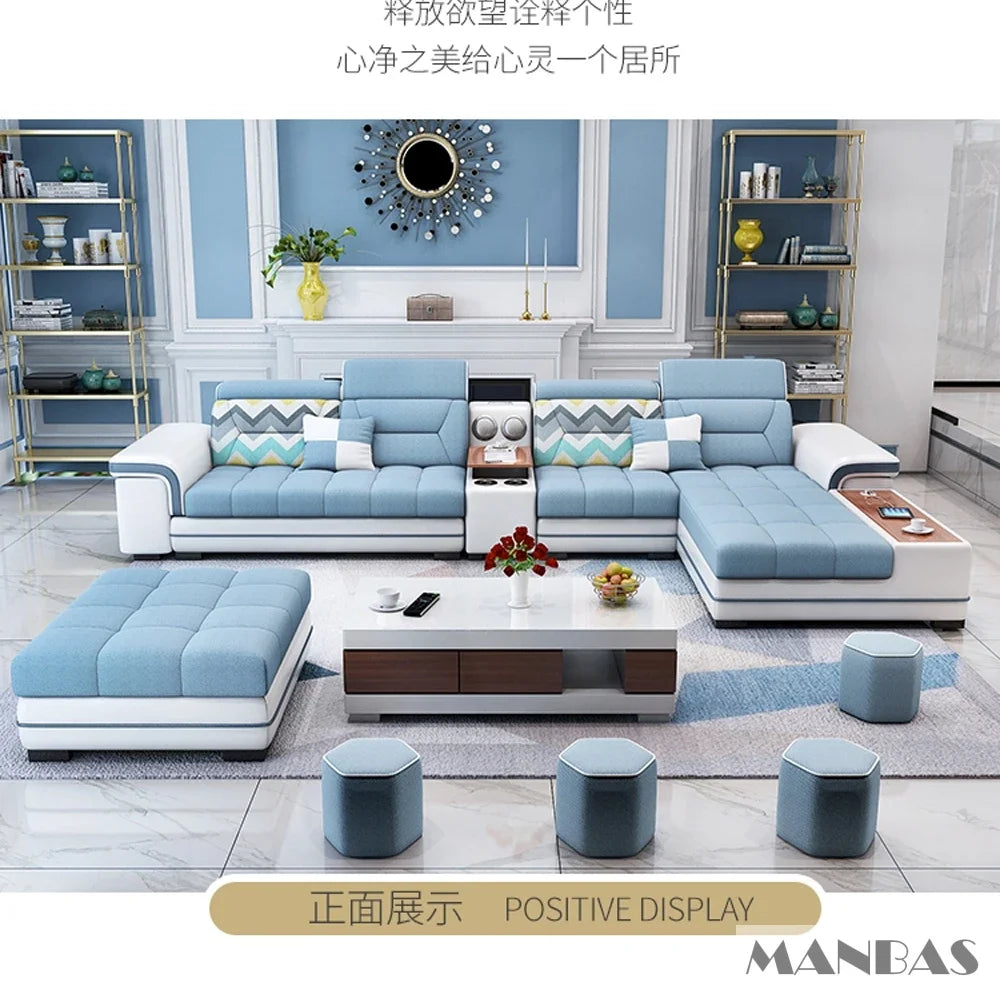 Big U-Shape Coth Living Room Sofa Sets with USB, Speaker, Stools,Bluetooth - Linlamlim Fabric Sectional Sofas for Home Furniture