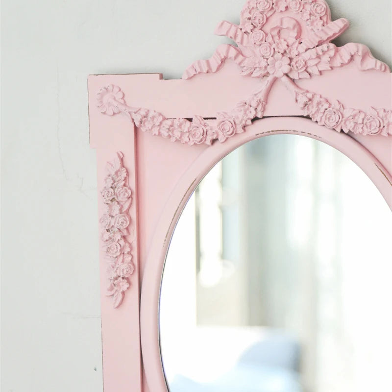 French Retro Makeup Mirror Dressing Table Pink Princess Decorative Mirror Wooden Resin Hand-carved Wall Mirror Wall Home Decor
