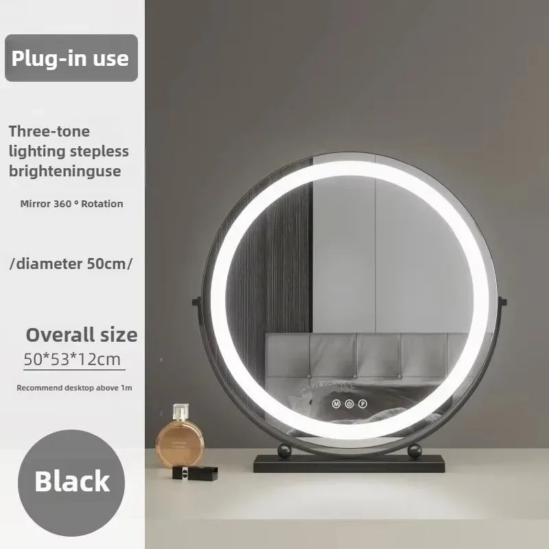 Modern Bedroom Dressing Table Round Mirrors Light Luxury Makeup Mirror with LED Light Desktop Fill Light Charging Smart Mirror