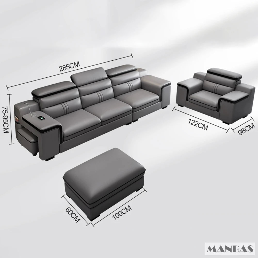 MINGDIBAO Leather Sectional Sofa Set with Cup Holder, USB, Adjustable Headrests & Bluetooth Speaker Living Room Couch with Stool