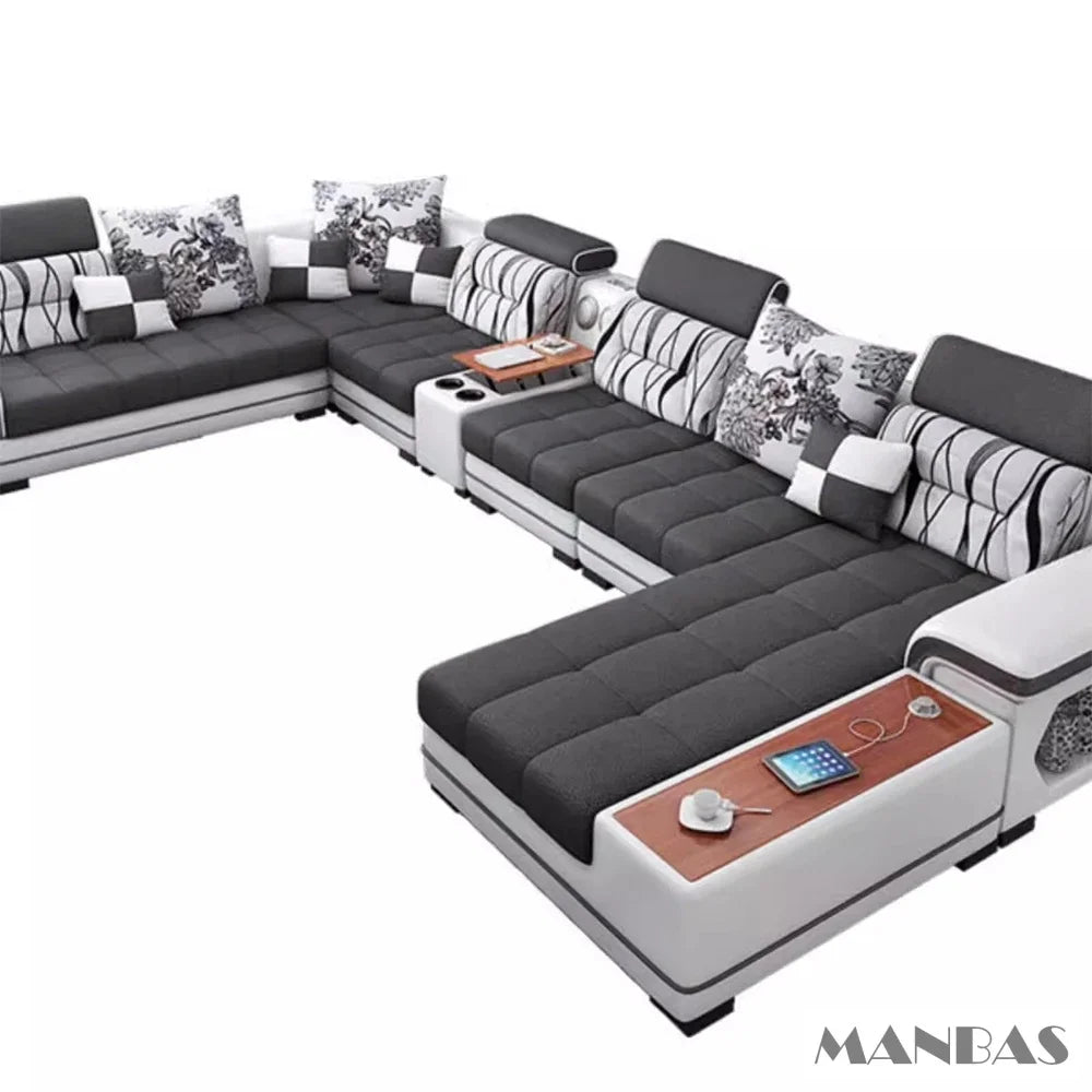 Big U-Shape Coth Living Room Sofa Sets with USB, Speaker, Stools,Bluetooth - Linlamlim Fabric Sectional Sofas for Home Furniture