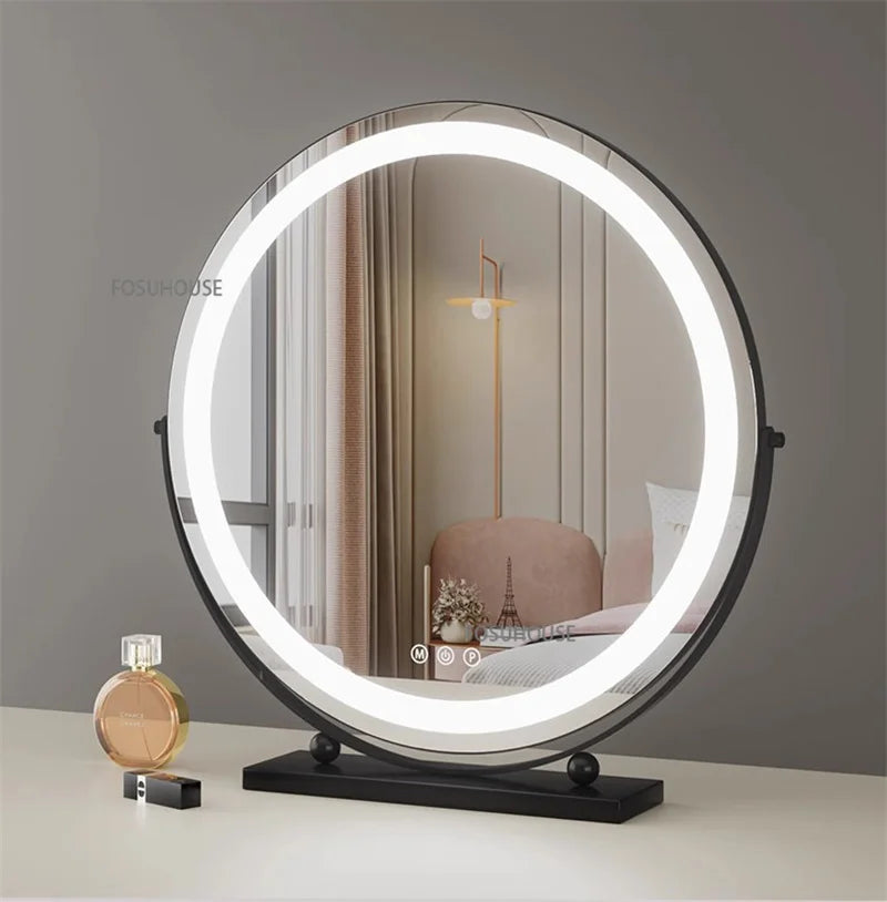 Modern Bedroom Dressing Table Round Mirrors Light Luxury Makeup Mirror with LED Light Desktop Fill Light Charging Smart Mirror