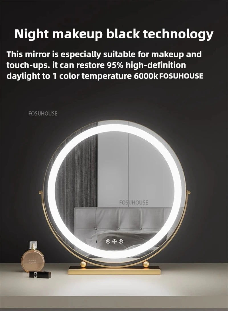 Modern Bedroom Dressing Table Round Mirrors Light Luxury Makeup Mirror with LED Light Desktop Fill Light Charging Smart Mirror