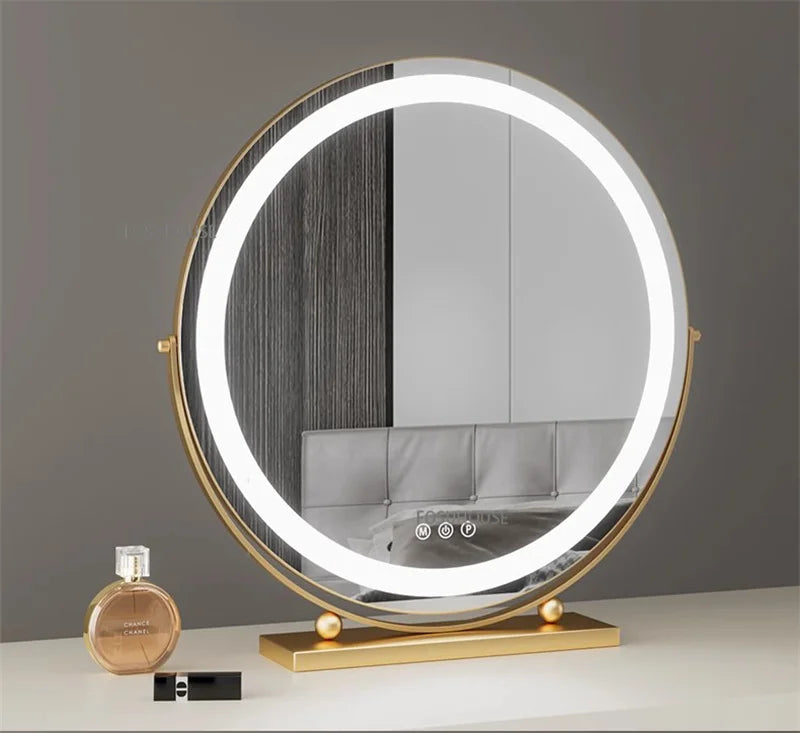Modern Bedroom Dressing Table Round Mirrors Light Luxury Makeup Mirror with LED Light Desktop Fill Light Charging Smart Mirror