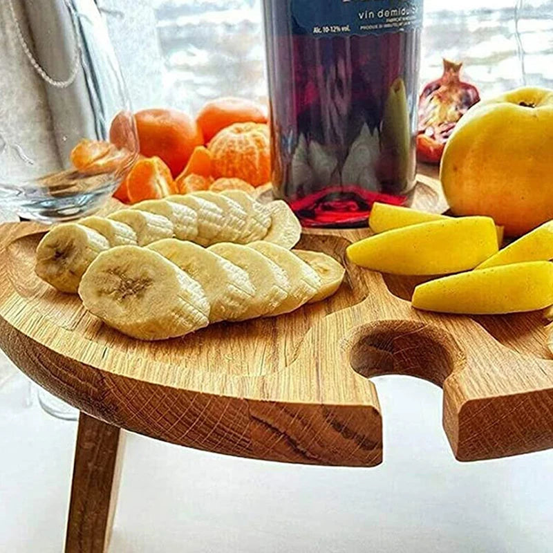 1Pc Wooden Round Foldable Tables Dried Fruit Tray With Wine Glass Holder For Outdoor Picnic Garden Party Fruit Snack Pastry Tray
