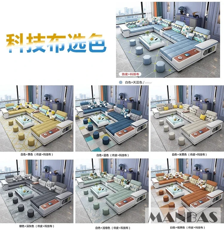 Big U-Shape Coth Living Room Sofa Sets with USB, Speaker, Stools,Bluetooth - Linlamlim Fabric Sectional Sofas for Home Furniture