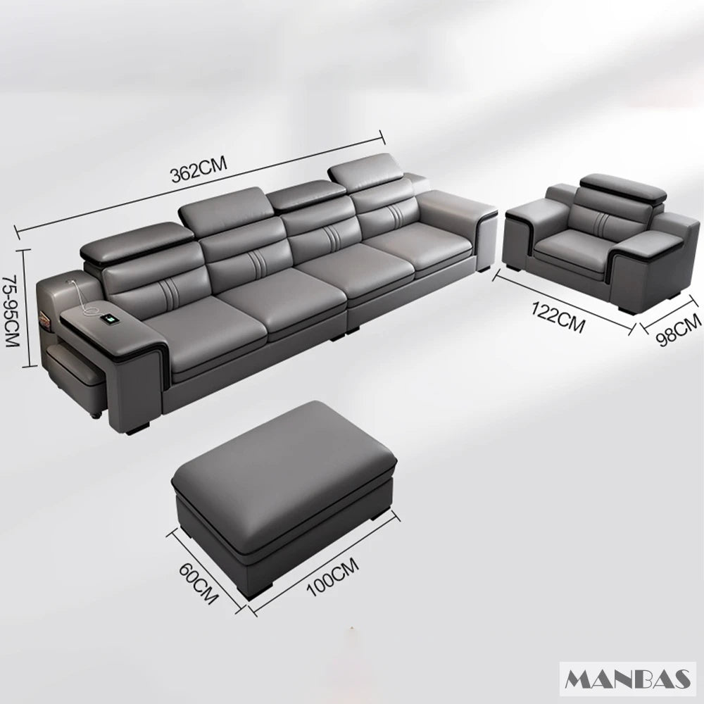 MINGDIBAO Leather Sectional Sofa Set with Cup Holder, USB, Adjustable Headrests & Bluetooth Speaker Living Room Couch with Stool