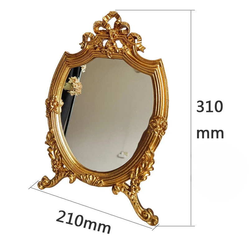 European Style Makeup Mirror Desktop Creative Single-sided Golden Carved Retro Resin Mirror Living Room Wall Decoration Mirror