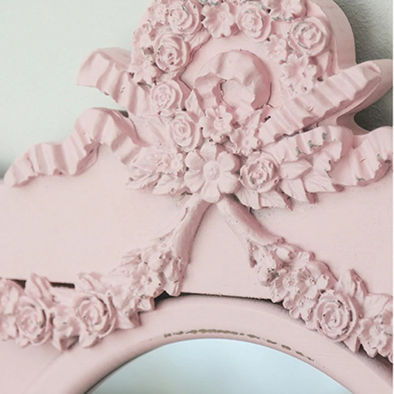French Retro Makeup Mirror Dressing Table Pink Princess Decorative Mirror Wooden Resin Hand-carved Wall Mirror Wall Home Decor
