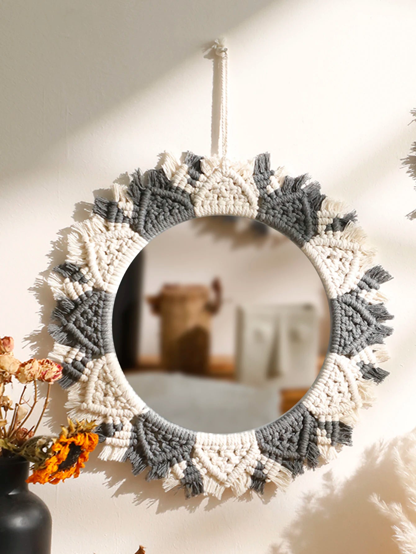 Macrame Mirror Black Gray Decorative Mirrors Boho Home Decoration Handmade Wall Decor Bedroom Living Room Decors Aesthetic Gift