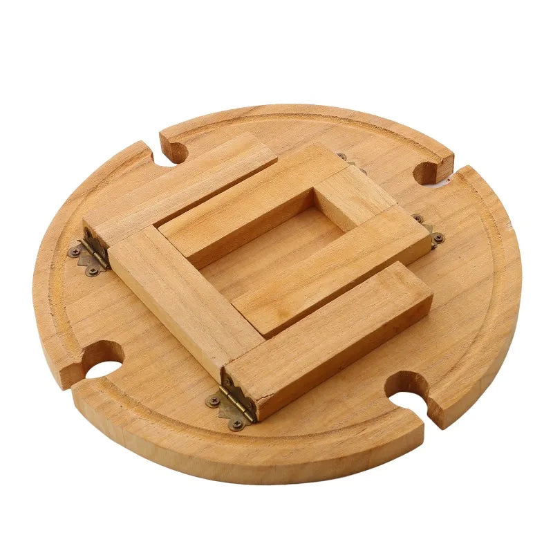 1Pc Wooden Round Foldable Tables Dried Fruit Tray With Wine Glass Holder For Outdoor Picnic Garden Party Fruit Snack Pastry Tray