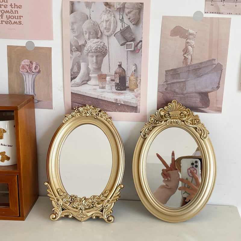 Rustic French Palace Style Carving Frame Table Mirror Gold Mirror Tray Home Decorative Mirror Bedroom Table Makeup Mirror