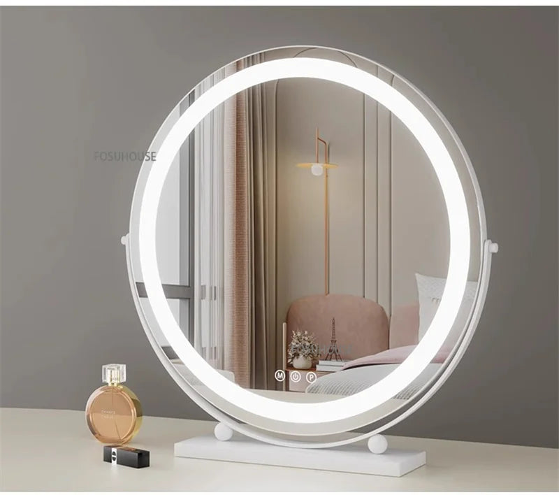 Modern Bedroom Dressing Table Round Mirrors Light Luxury Makeup Mirror with LED Light Desktop Fill Light Charging Smart Mirror