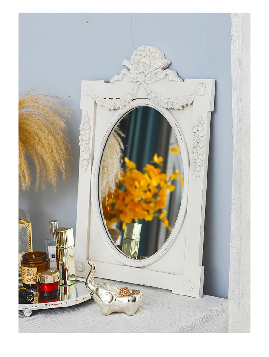 French Retro Makeup Mirror Dressing Table Pink Princess Decorative Mirror Wooden Resin Hand-carved Wall Mirror Wall Home Decor