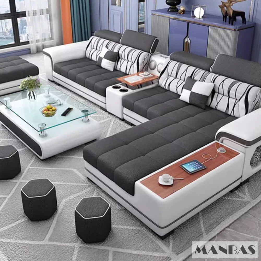 Big U-Shape Coth Living Room Sofa Sets with USB, Speaker, Stools,Bluetooth - Linlamlim Fabric Sectional Sofas for Home Furniture