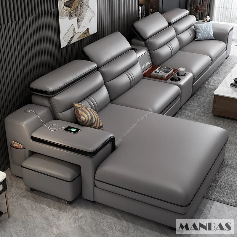 MINGDIBAO Leather Sectional Sofa Set with Cup Holder, USB, Adjustable Headrests & Bluetooth Speaker Living Room Couch with Stool