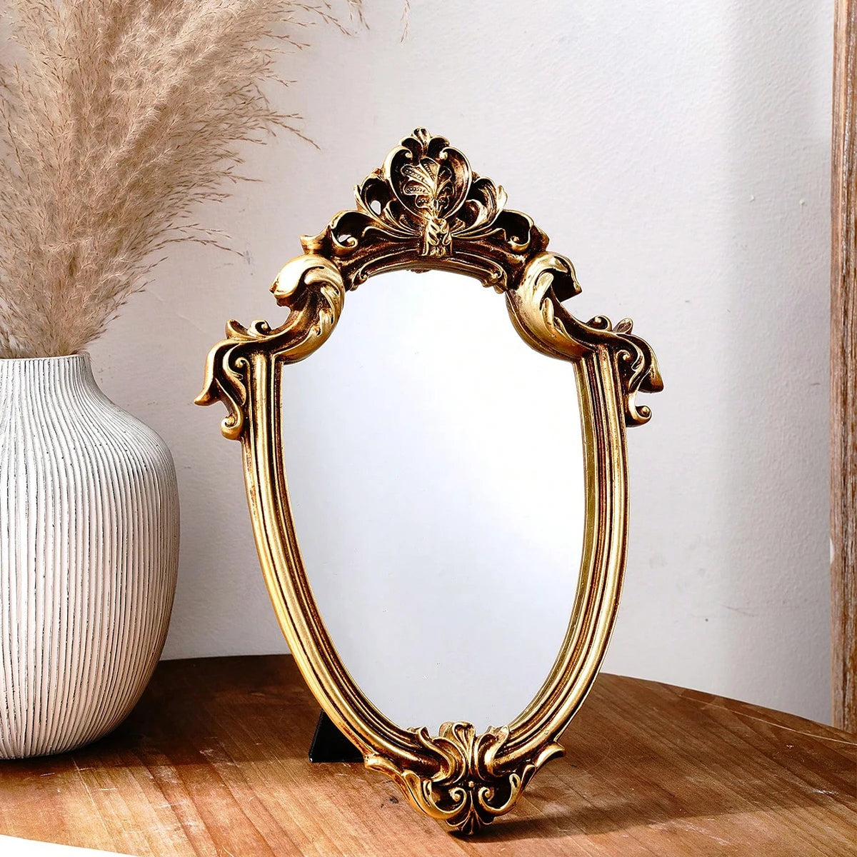 1 PC, resin material European classical style gold pattern special-shaped mirror ornament, can be hung or placed