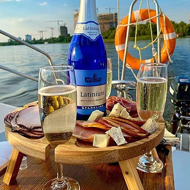1Pc Wooden Round Foldable Tables Dried Fruit Tray With Wine Glass Holder For Outdoor Picnic Garden Party Fruit Snack Pastry Tray