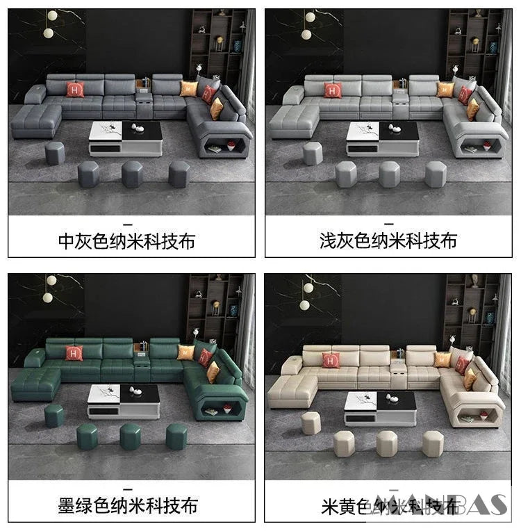 Linlamim Fabric Sofa Set Furniture Living Room Sofa Set with USB and Stools / Big U Shape Cloth Couch Sofas for Home Furniture