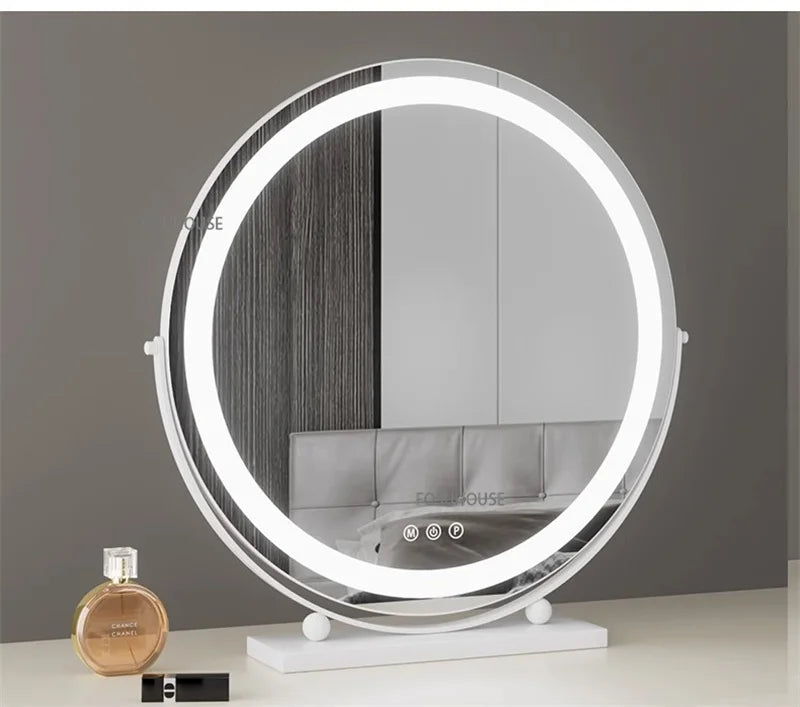 Modern Bedroom Dressing Table Round Mirrors Light Luxury Makeup Mirror with LED Light Desktop Fill Light Charging Smart Mirror