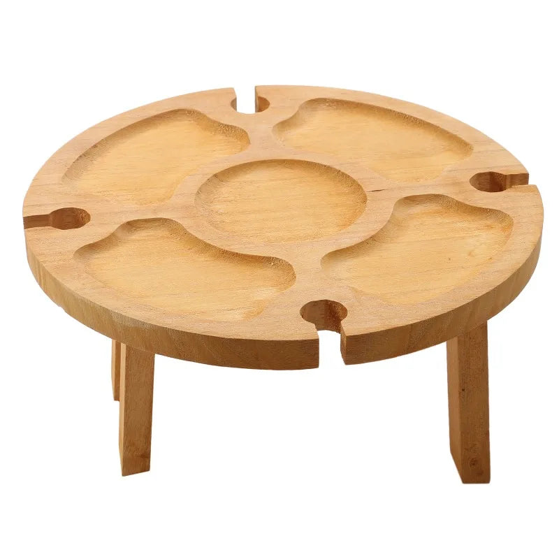 1Pc Wooden Round Foldable Tables Dried Fruit Tray With Wine Glass Holder For Outdoor Picnic Garden Party Fruit Snack Pastry Tray