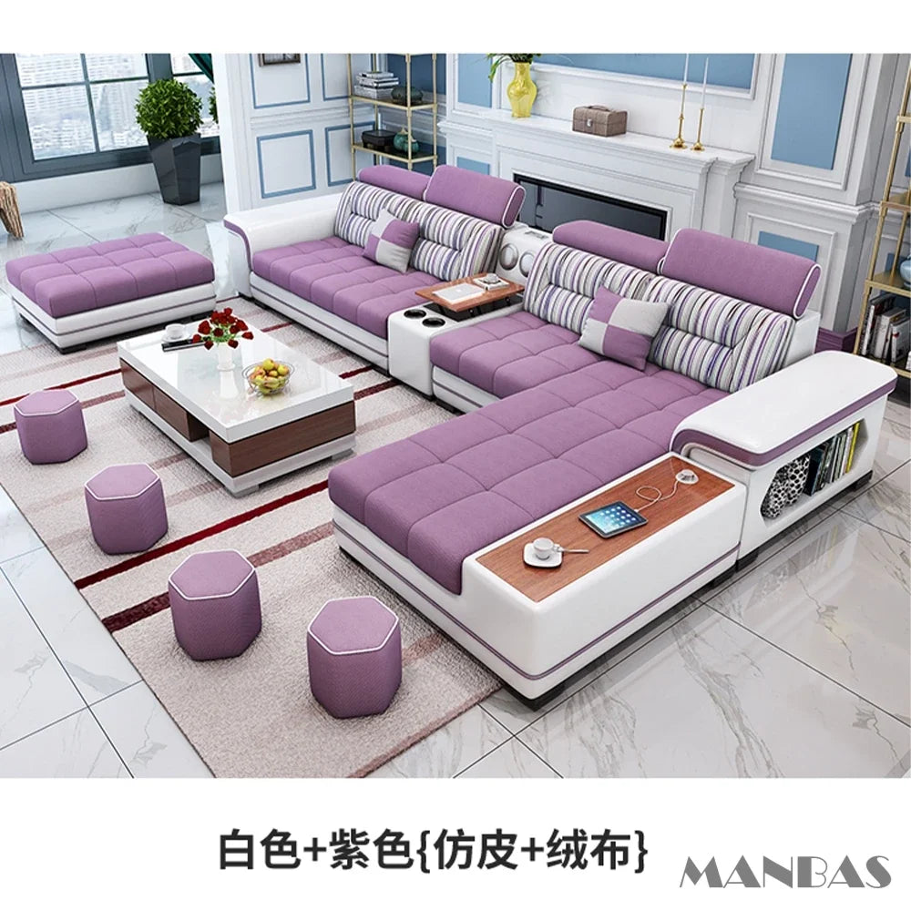 Big U-Shape Coth Living Room Sofa Sets with USB, Speaker, Stools,Bluetooth - Linlamlim Fabric Sectional Sofas for Home Furniture