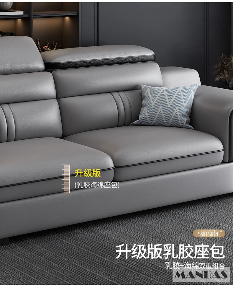 MINGDIBAO Leather Sectional Sofa Set with Cup Holder, USB, Adjustable Headrests & Bluetooth Speaker Living Room Couch with Stool