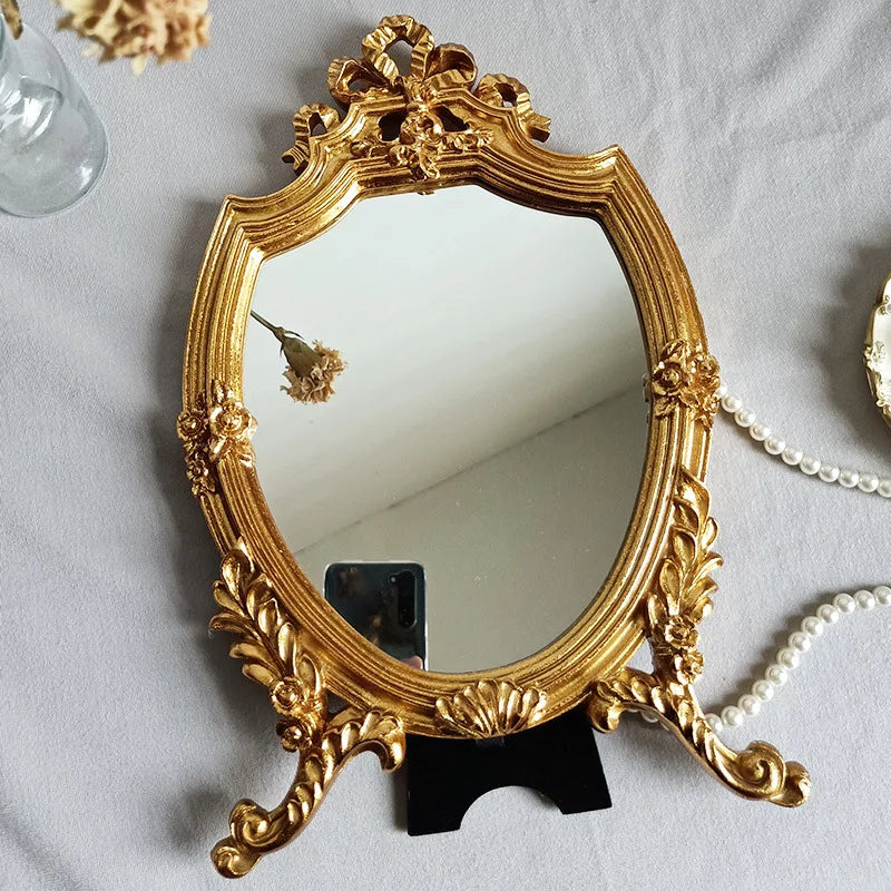 European Style Makeup Mirror Desktop Creative Single-sided Golden Carved Retro Resin Mirror Living Room Wall Decoration Mirror