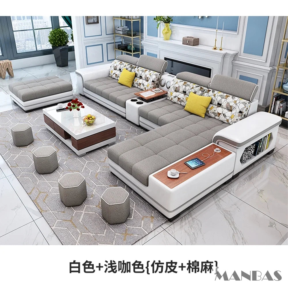Big U-Shape Coth Living Room Sofa Sets with USB, Speaker, Stools,Bluetooth - Linlamlim Fabric Sectional Sofas for Home Furniture