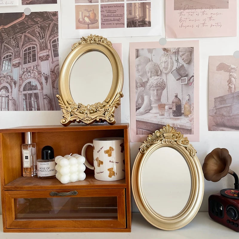 Rustic French Palace Style Carving Frame Table Mirror Gold Mirror Tray Home Decorative Mirror Bedroom Table Makeup Mirror