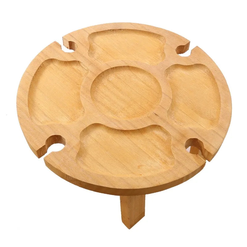 1Pc Wooden Round Foldable Tables Dried Fruit Tray With Wine Glass Holder For Outdoor Picnic Garden Party Fruit Snack Pastry Tray