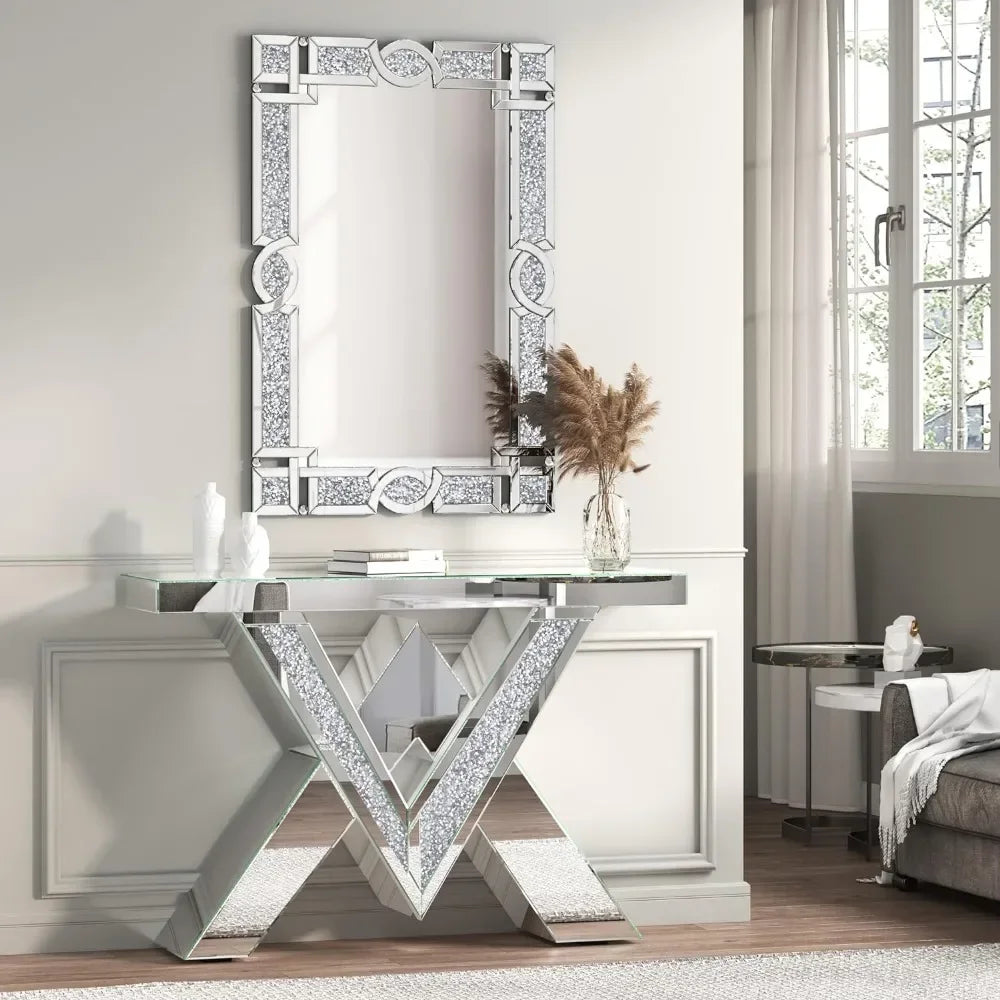 Crystal Crush Diamond Wall Mirror, 46.5 x 30.5 Inch Silver Mirror for Wall Decor, Large Wall Mirrors for Living Room, Bathroom