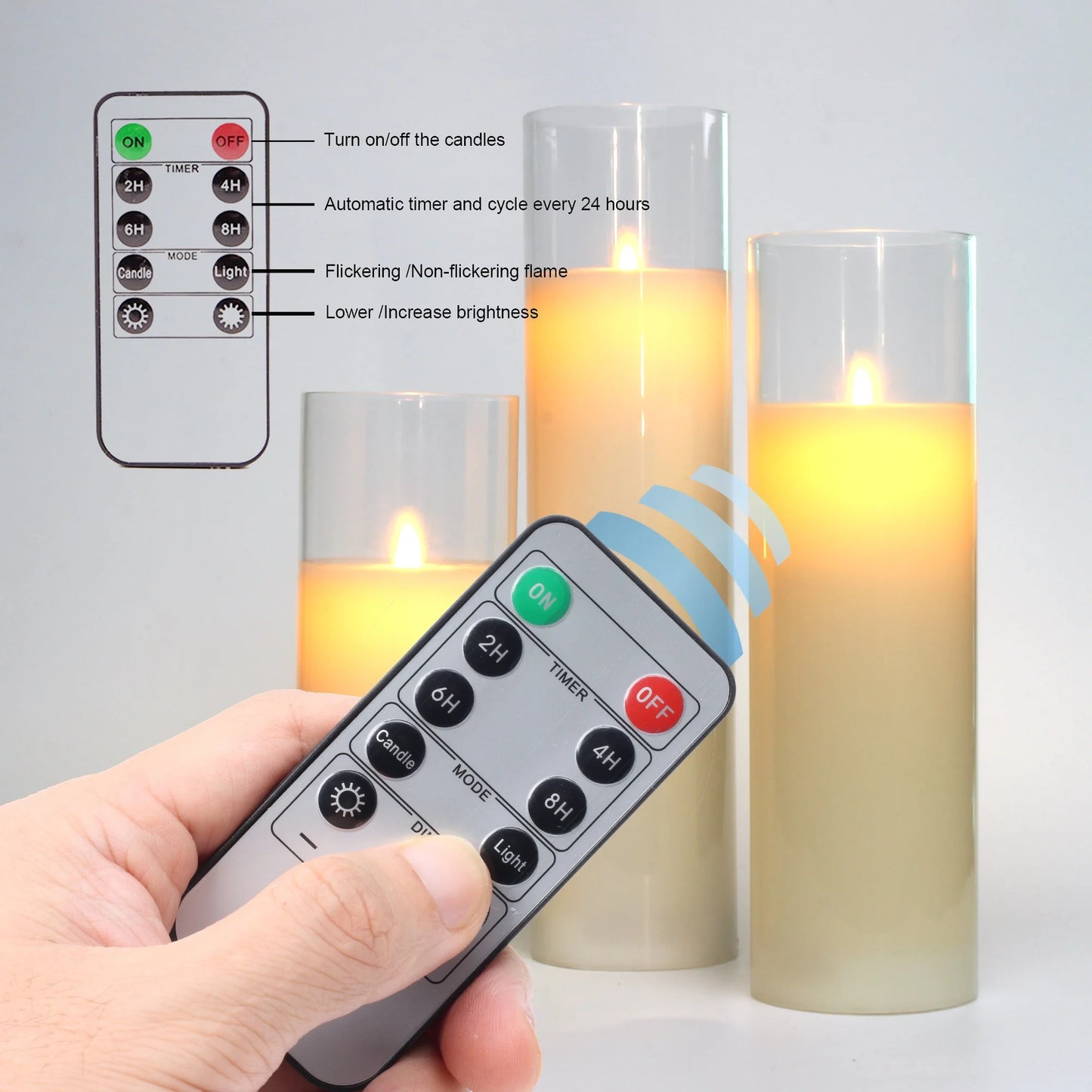 LED Candles with Remote Control Cycling Timer 8" 10" 12" Glass Flameless Candles Battery Operated Real Wax Pillars Glass