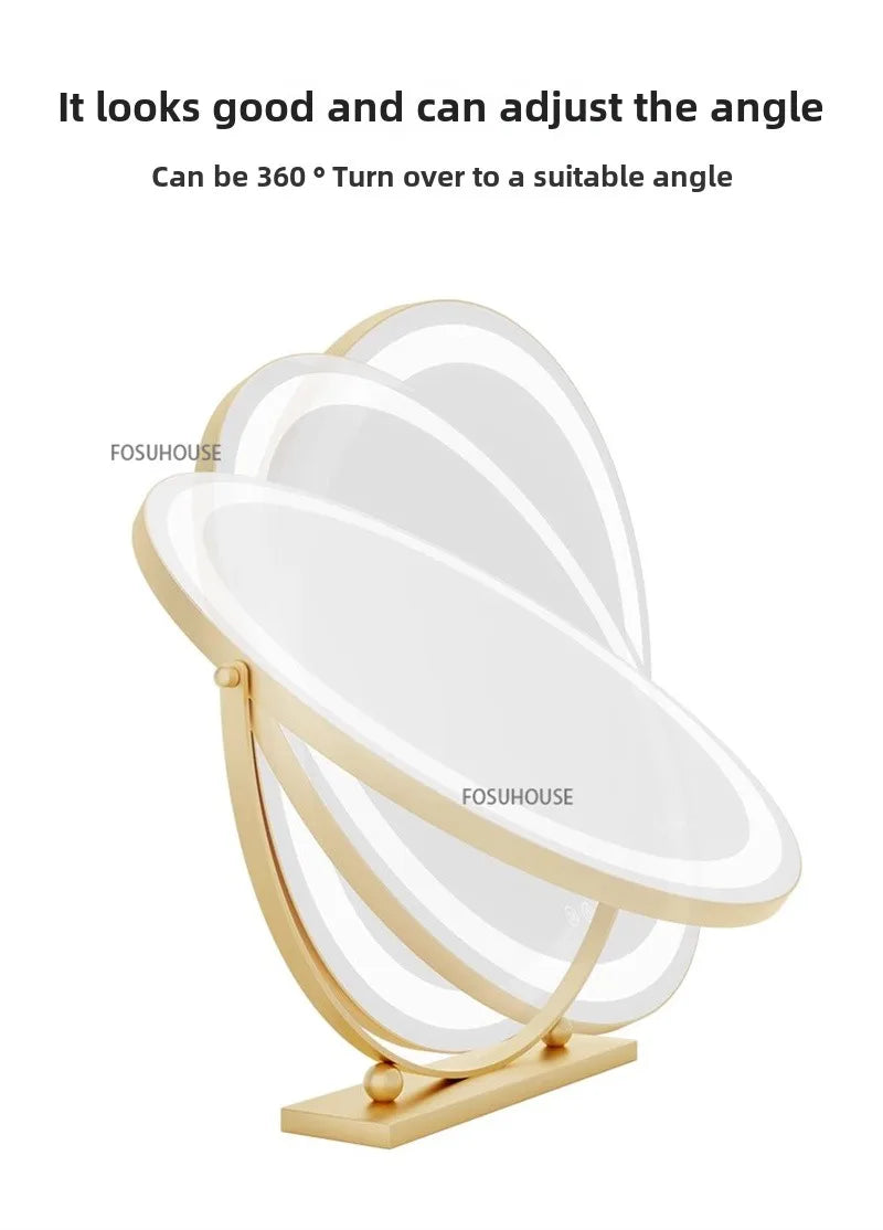 Modern Bedroom Dressing Table Round Mirrors Light Luxury Makeup Mirror with LED Light Desktop Fill Light Charging Smart Mirror