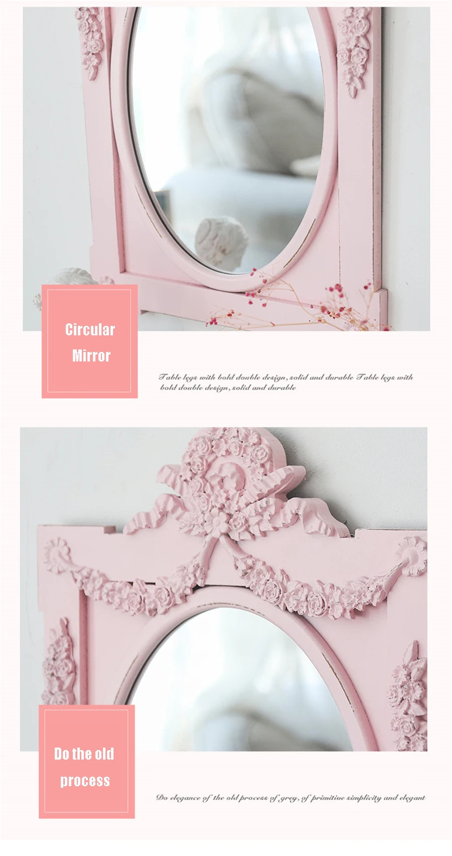 French Retro Makeup Mirror Dressing Table Pink Princess Decorative Mirror Wooden Resin Hand-carved Wall Mirror Wall Home Decor