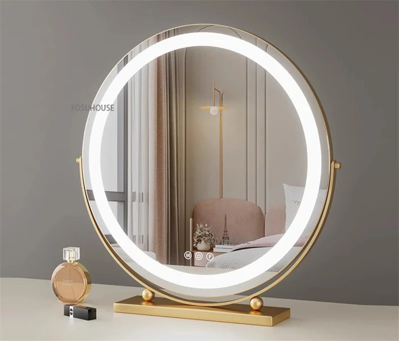 Modern Bedroom Dressing Table Round Mirrors Light Luxury Makeup Mirror with LED Light Desktop Fill Light Charging Smart Mirror