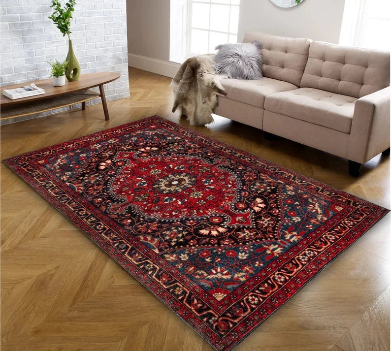 Oriental Medallion Red Area Rug Rustic Mid Century Modern Small Red Dark Blue Carpet Rugs for Living Room Bedroom Dining Room