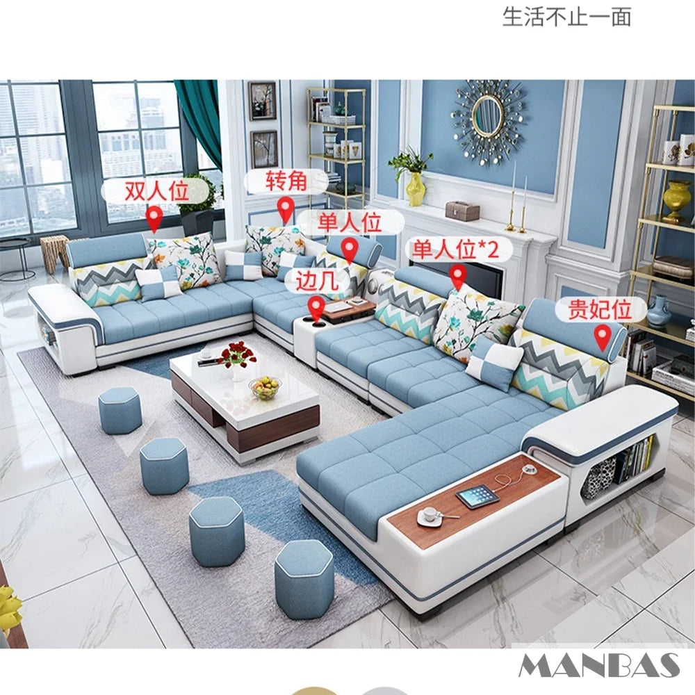 Big U-Shape Coth Living Room Sofa Sets with USB, Speaker, Stools,Bluetooth - Linlamlim Fabric Sectional Sofas for Home Furniture