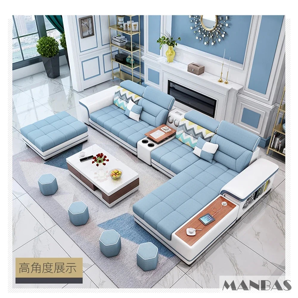 Big U-Shape Coth Living Room Sofa Sets with USB, Speaker, Stools,Bluetooth - Linlamlim Fabric Sectional Sofas for Home Furniture