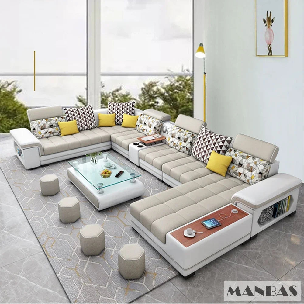 Big U-Shape Coth Living Room Sofa Sets with USB, Speaker, Stools,Bluetooth - Linlamlim Fabric Sectional Sofas for Home Furniture