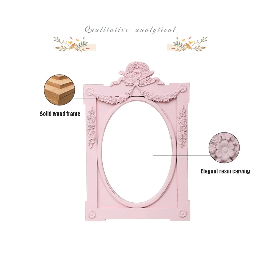 French Retro Makeup Mirror Dressing Table Pink Princess Decorative Mirror Wooden Resin Hand-carved Wall Mirror Wall Home Decor