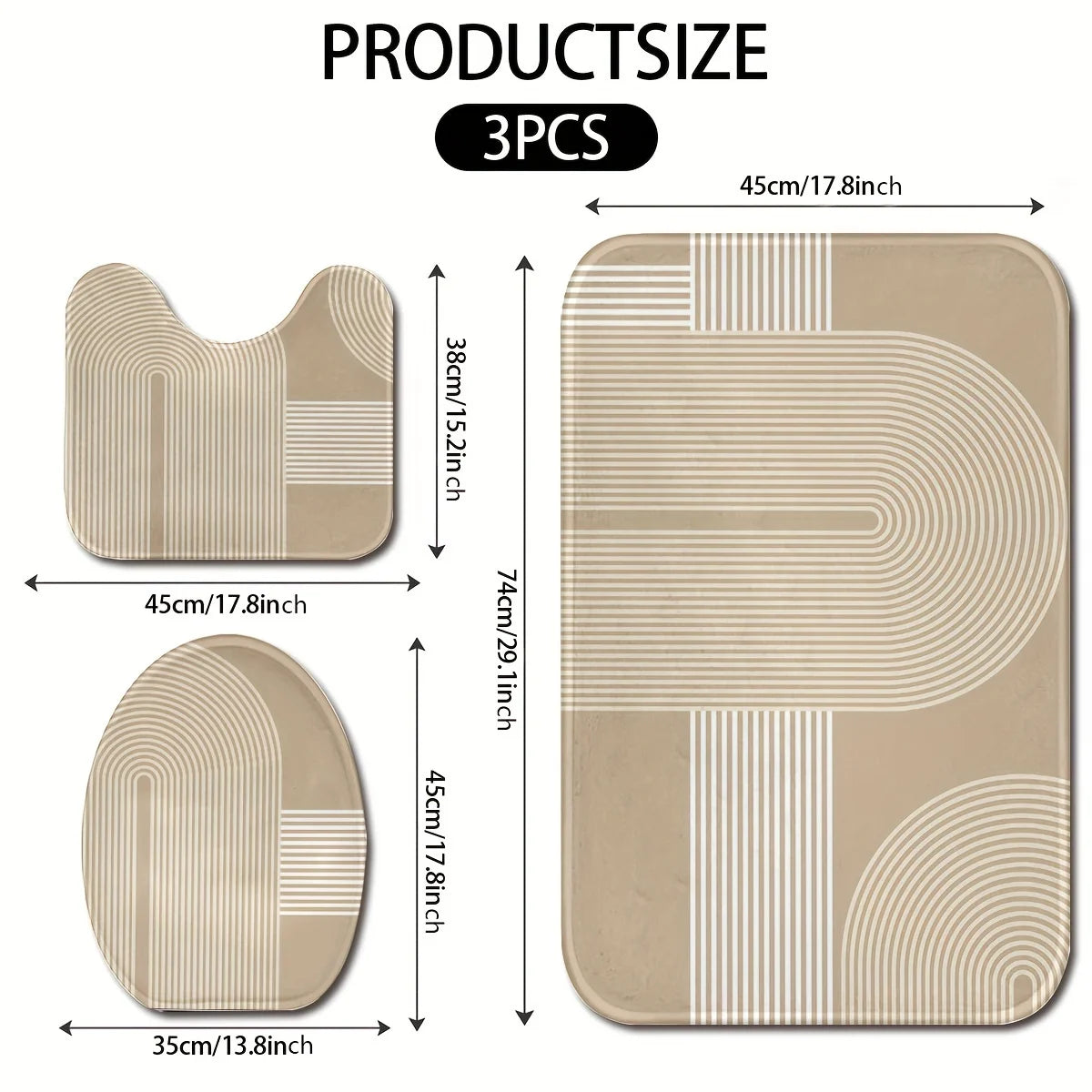 3 Piece Scandinavian Bathroom Mat Set - Non-Slip Washable Rug with Toilet Seat Cover and Contour Mat for Bathroom Decor
