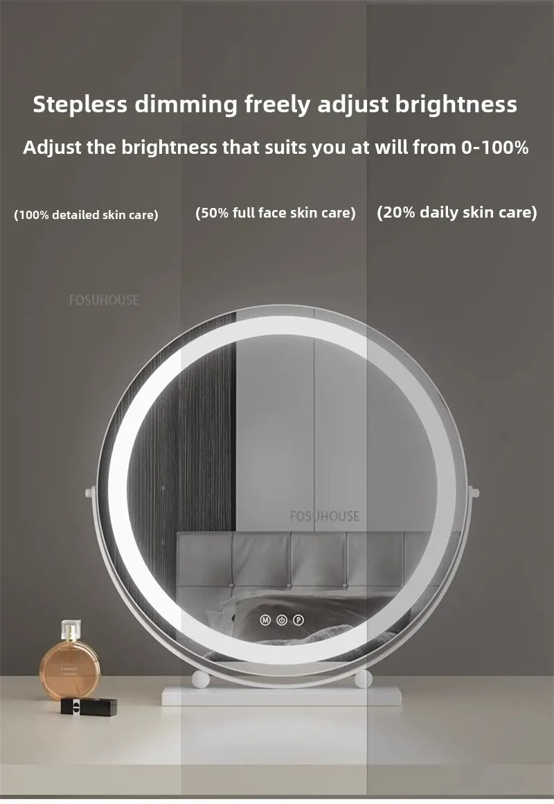 Modern Bedroom Dressing Table Round Mirrors Light Luxury Makeup Mirror with LED Light Desktop Fill Light Charging Smart Mirror